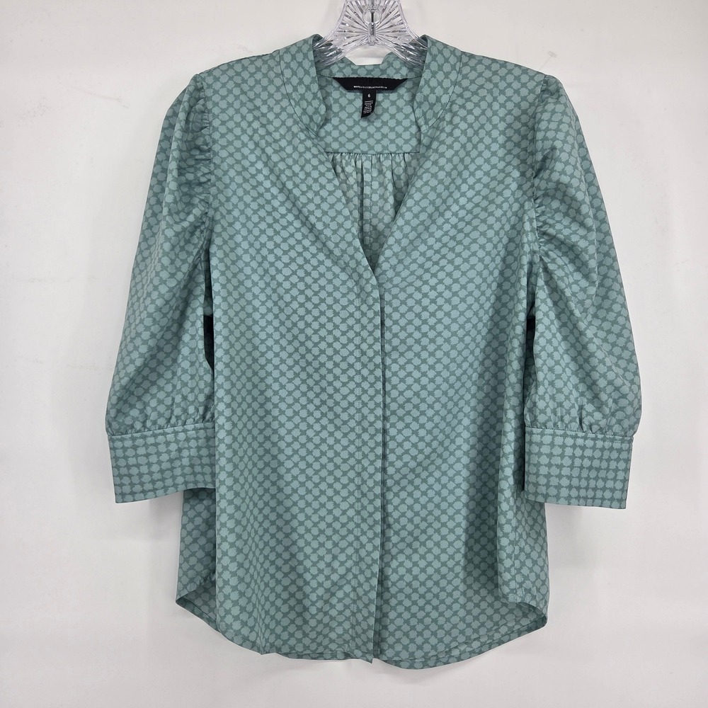 White House Black Market Blouse‎ 6 Green Geometric Puff Sleeve Office Academic